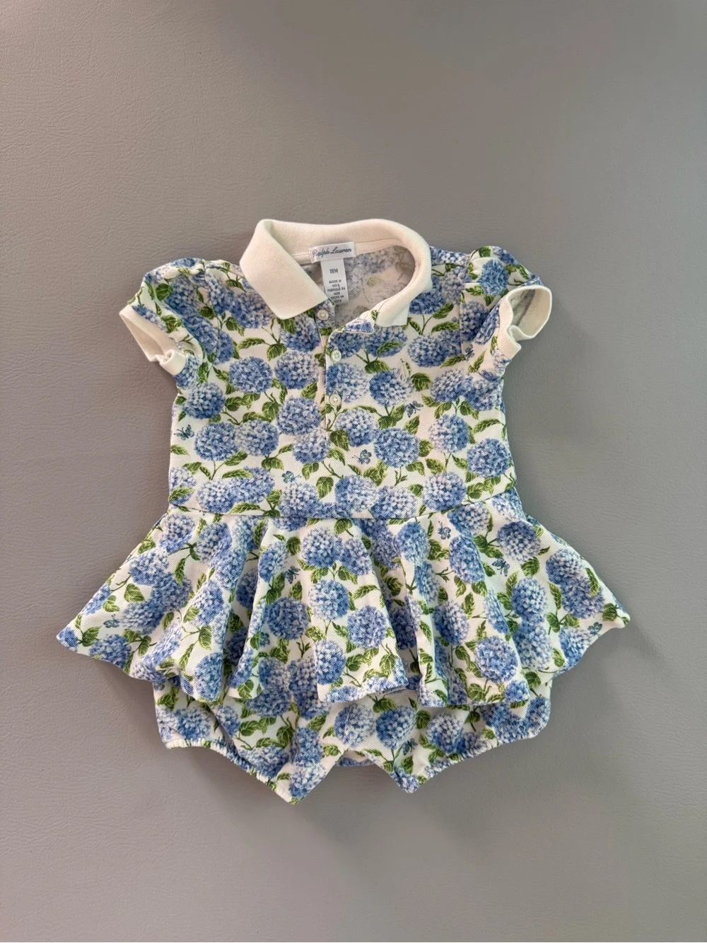 Ralph Lauren Baby Blue Hydrangea Polo Romper Dress 18M Garden Party Dress